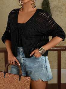 SHEIN VCAY Plus Size Solid Color Hollow Out Short Knit Black Cardigan Y2k Black Summer Top Crochet Tops For Women Eyelet Top For Women Knit Top Summer Tops Going Out Tops Women Crochet Streetwear Tie Front Top Mesh Back To School In Fall/Winter, For Woman