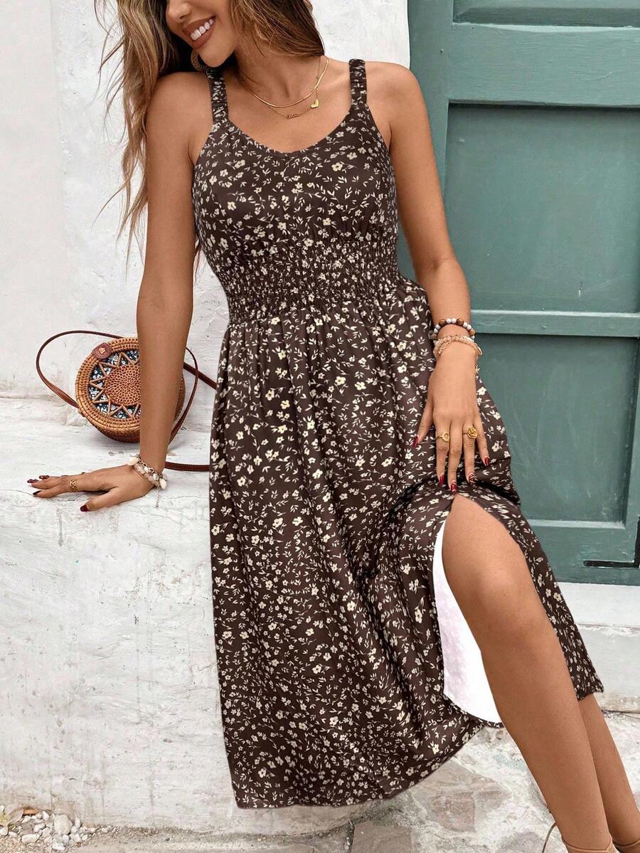 SHEIN Frenchy 女士度假风碎花侧开衩吊带裙 - 咖啡棕 - 查看 1