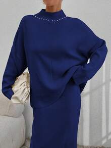 SHEIN Cottnline طقم تنورة وديكورات كاجواليد خريف/شتاء - أزرق بحري - مشاهدة 2