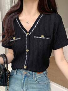 DAZY 女士短袖单排扣 V 领撞色休闲针织上衣夏季 - 黑色 - 查看 1