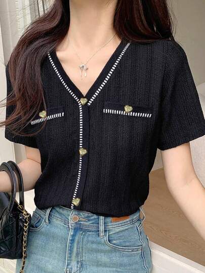 DAZY 女士短袖单排扣 V 领撞色休闲针织上衣夏季