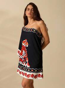 CAJUNI Women's Leopard Print Batwing Sleeve Loose Straight Mini Dress, For Holiday