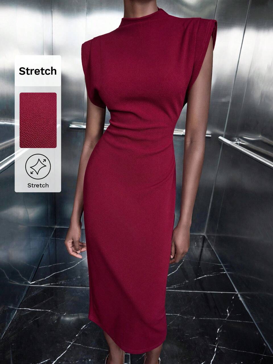 SHEIN Maija Women's Elegant Burgundy Bodycon Dress,Autumn Office Stylish Wide Shoulder Sleeveless Pullover,Back Invisible Zipper,Mid-Calf Slit Hem Casual Outfits