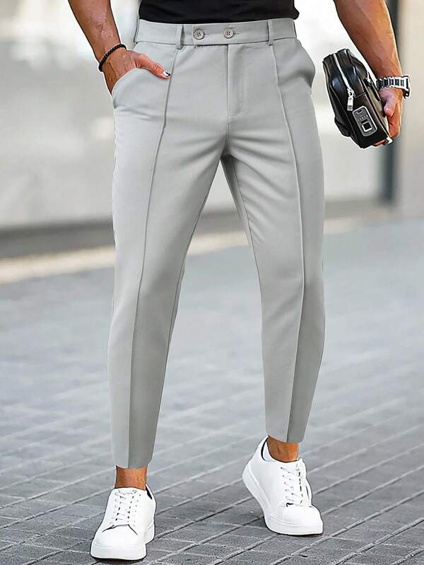 Manfinity Bizformal Men's Solid Color Button Waist Design Toothpick Leg Casual Suit Pants Mens Grey Dress Pants