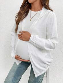 SHEIN Maternity Summer Lightweight Solid Color Long Sleeve Hooded Coat, Back-To-School, Autumn, Teacher, White Fall Coat - White - View 4