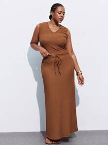 Maija Plus Size Chocolate Brown 2 Pieces Set,Sleeveless Top & Drawstring Waist Skirt,Summer Holiday Smart Casual,Modest Vintage Old Money Teacher Outfits - Rust Brown - View 3