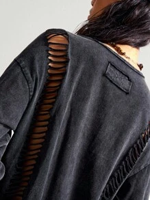 Bohemela Women's Casual Solid Color Knit Crew Neck Long Sleeve Fitted Washed T-Shirt, Boho Music Festival, Autumn/Winter Peace Sign T-Shirt Women Graphic Tees Long Sleeve T-Shirts Women Distressed T-Shirt Vintage T-Shirts - Black - View 2