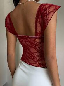 SHEIN EZwear 1pc Women's Burgundy Lace Ruffle Hem Sweet-Heart Collar Puff Sleeve Elegant T-Shirt - Burgundy - View 2