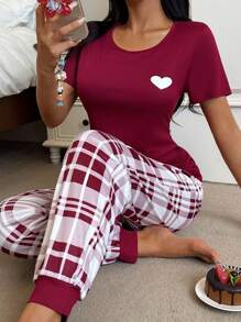 Red And Plaid Long Pant Pajama Set With Round Neck And Casual Style Burgundy Pajama Set Plaid Pajama Set, Fall Clothes