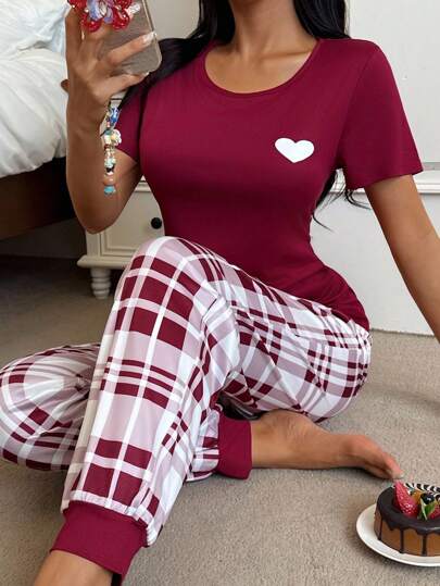 Miss Vinta Rood Plaid Long Pant Pajama Set Round Neck Bordeaux Set, Fall Clothes