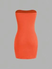 Sweetra Women Solid Color Strapless Bodycon Party Dress Mini Short Women Outfit - Orange - View 2