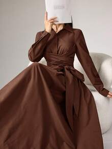 Heiryn 女士纯色长袖系带休闲衬衫裙 - 咖啡棕 - 查看 6