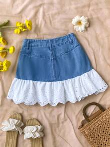 Soleia 女式扎染刺绣荷叶边下摆口袋休闲牛仔迷你裙 - 淺色水洗藍 - 查看 2