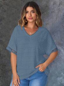 EMERY ROSE Plus Size Women Summer Casual Solid Color Textured Batwing Top,Country Casual Vacation,Simple And Fashionable For Everyday Wear,Summer Tops Women,Vacation Summer Office Wear, Vacation, Summer Festival Boho,Holiday