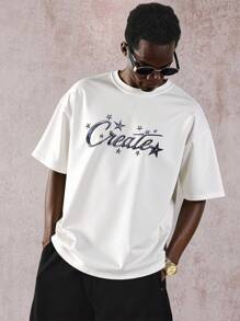 Manfinity EMRG Men's Casual Round Neck Short Sleeve T-Shirt With Letter And Pentagram Print, Summer , Men Graphic T-Shirts , Oversized Graphic Tees - White - View 4