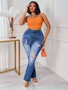 SHEIN SXY Plus Size Women Fashion Ripped Jeans Vacation Bootcut Flare Jeans Summer