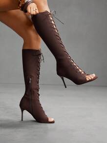 CUCCOO SZL Fashion Criss-Cross Strappy Peep-Toe Knee-High Boots For Christmas - Coffee Brown - View 6