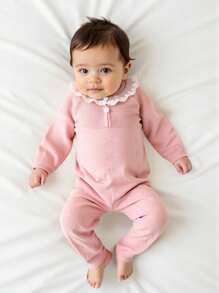 SHEIN 2 件套女婴连体衣和头带套装，粉色蕾丝边针织连体衣，柔软舒适，适合日常、外出、旅行、度假、居家、日托和玩耍