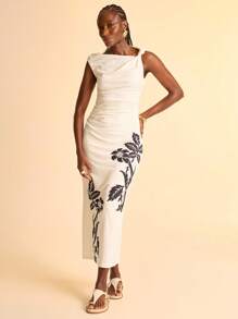 CAJUNI 女士白色不对称肩部无袖修身印花长连衣裙，适合度假、约会、派对、通勤等场合，百搭实用。这款连衣裙是女士夏季连衣裙的理想之选，款式优雅，适合各种场合。 - 黑與白 - 查看 4