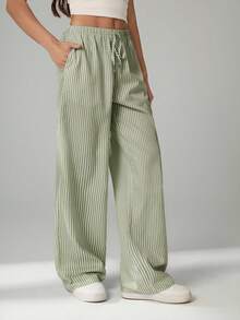 SHEIN Tall Pantalones casuales sueltos de pierna ancha con lazo a la cintura y estampado de rayas para mujer