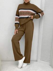 EURMUSE Women's Geometric Pattern High Neck Sweater 2pcs/Set,Petite Co Ord,Co Ord,Petite,Winter Clothes - Camel - View 3