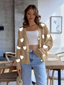 EURMUSE Knitwear Cardigan With Heart Placement,Cardigans For Women,Long Cardigans Woman,Petite Cardigans,Cardigans - Khaki - View 2