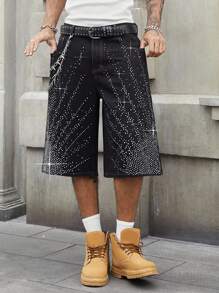 ROMWE MEN Men's Street Life Loose Fit Sparkling Rhinestone Denim Shorts - Black - View 6