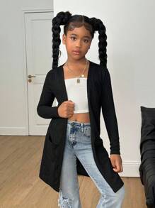 SHEIN Tween Girl Casual Basic Textured Black Cardigan For Fall/Winter - Black - View 5