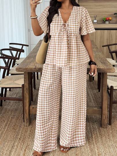 EMERY ROSE Conjunto de 2 piezas de camisa y pantalones informales con estampado a cuadros en tallas grandes