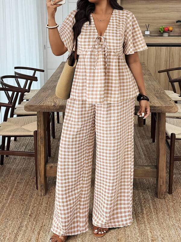 Weeklong Plus Size Casual Plaid Print Shirt And Pants 2 Pieces Set