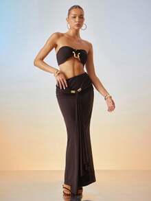 Hauture Women's Sexy Ruched Front Drape Detail Maxi Skirt With Stylish Metal Decor For Vacation, Party - Brown - View 3