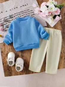 女婴冬季保暖针织花卉圆领毛衣和直筒裤 2 件/套 - 藍色 - 查看 2