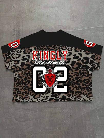 Prep Camiseta de manga corta casual de hombre con estampado de leopardo y parches, para el verano