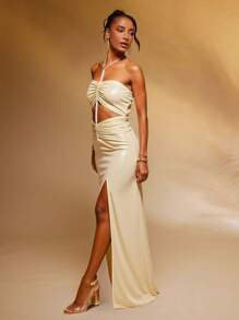 Hauture 女士夏季优雅荷叶边镂空露背连衣裙，侧开衩 - 杏色 - 查看 2