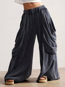 Bohemela Women's Casual Solid Color Knitted Loose Washed Pants Baggy Pants Loose Pants Flowy Pants Ruffle Pants Wide Leg Pants