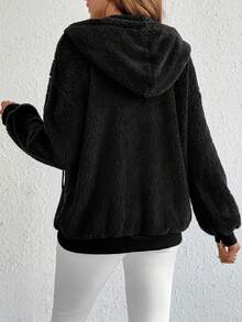 SHEIN Herbstkleidung, Herbstkleidung, Umstandskleidung Herbst/Winter Umstandskleidung Lässige vielseitige einfarbige Kapuzensweatshirts, Herbst/Winter Reißverschluss-Sweatshirts Damen Sweatshirts Schwarze flauschige Jacke Flauschiger Sweatshirt Schwarzer Reißverschluss-Fleece Reißverschluss-Sweatshirt Damen Schwarz - Schwarz - Übersicht 2