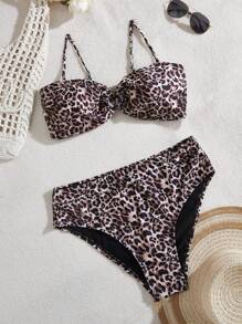 SHEIN VCAY CURVE Plus Size Bikini Set, Bandeau Top With Triangle Bottoms, Fashionable For Summer Swim Suits For Women Women Bikini Sets Bathing Suits Women Set Bathing Suits For Women Leopard Print Bikini Summer Women Bikini Sets