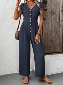 SHEIN LUNE Women's Solid Color Button V-Neck Wide Leg Loose Casual Jumpsuit