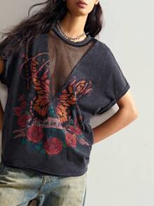 Bohemela 大码女式字母与蝴蝶印花拼接渔网设计蝙蝠袖短袖休闲 T 恤 - 黑色 - 查看 5