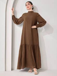 Women's Elegant Solid Color Stand Collar Dress - Coffee Brown - View 5