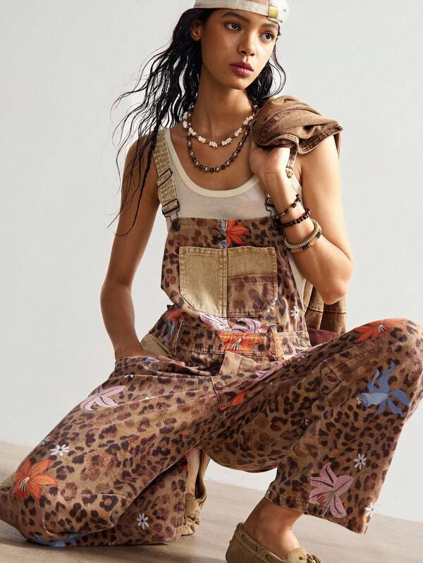 Bohemela Casual Woven Patchwork Women Leopard & Flower Pattern Loose Fit Overall Pants Leopard Print Jumpsuit Boho Jumpsuit Free People Jumpsuit Floral Print Playsuit