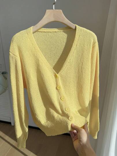 Comfortcana Plus Size Women's Solid Color Long Sleeve Single-Breasted Casual Thin Cardigan In Fall/Winter