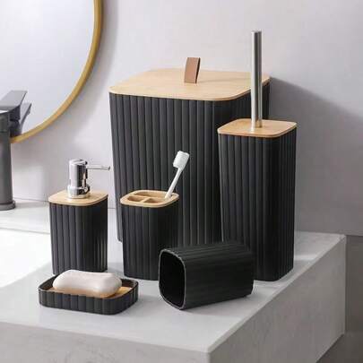 SHEIN 4/6pcs Luxury Wooden Bathroom Set | Essential Housewarming Gift | Includes Toothbrush Holder, Trash Can, Soap Dispenser, Toilet Brush Holder, Soap Dish | Reusable Bathroom Accessories