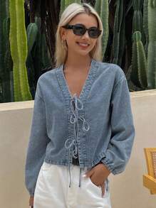 Livesso 女士夏季系带灯笼袖牛仔上衣、牛仔夹克、秋季女装 - 藍色 - 查看 4