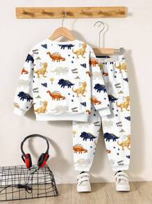 SHEIN White,Autumn,Cute,Vacation Baby Boy Casual Loose Soft Knit Sweatsuit,Cartoon Tyrannosaurus Rex Dinosaur Family Outing Crew Neck Party Winter Suit - Multicolor - View 2