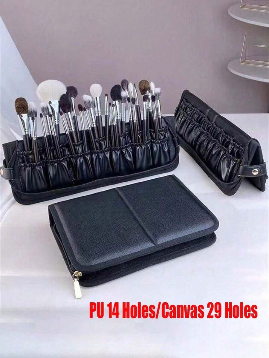 SHEIN 1 件专业化妆师折叠拉链刷架,内部空间宽敞,大容量 PU14 孔/帆布 29 孔化妆品立式袋,带便携式美容收纳袋,化妆刷收纳袋 - 时尚立式和折叠式旅行盒,用于安全化妆品储存 - 便携、耐用、快干 - 不含刷子 夏季假期浴室装饰化妆品收纳盒浴室配件返校 - 黑色 - 查看 1