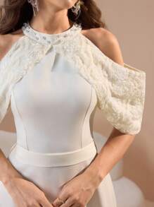 Modelyn 女式露肩优雅串珠3D花朵束腰纯色连衣裙 - 杏色 - 查看 1
