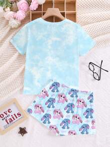 SHEIN 可爱卡通露露兔，针迹图案，扎染天蓝色，青少年女孩休闲简约圆领短袖短裤睡衣套装，适合夏季，清凉凉爽，夏季服装，轻松舒适，时尚儿童，休闲装，儿童图案服装，返校 - 彩色 - 查看 2