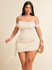SHEIN BAE Plus Size Women's Black Ruched Hem Ruffled Tie Waist Netted Knit Off Shoulder Elastic Casual Mini Dress, Suitable For Daily Wear, Outing, Date, Afternoon Tea, Vacation, Spring/Fall, Back To School Season,Formal Dresses For Women/ Plus Size Ruched Dress/ Off The Shoulder Dress/ Bodycon Dress,Fall Dresses For Women - Apricot - View 1