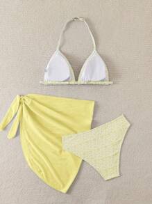SHEIN 少女 3 件套碎花泳衣套装 - 泳衣、比基尼泳裤和系带前裙 - 黃色 - 查看 2